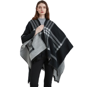 Poncho Châle Écossais Pour Femmes Imitation Cachemire Cape D'hiver Chaude Avec Boucle En Cuir Franges Style Européen