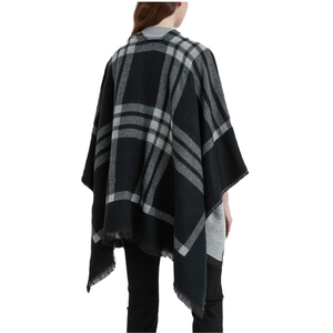 Châle à carreaux noir et gris pour femme avec franges et boucle en cuir