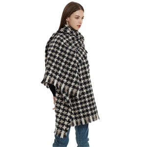 Thick houndstooth checkered scarf with tassels for winter in black white and brown colors