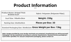 Detailed specifications table for striped thick braid scarf showing 190x40cm size and polyester fabric
