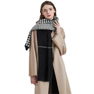 Thick black and white houndstooth knit scarf with cable pattern for winter