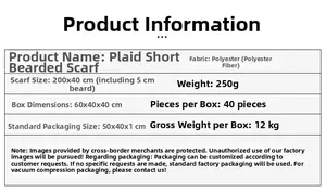 Detailed product specifications for the 200x40cm checkered tasseled polyester scarf