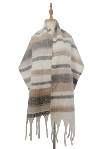 Close-up of thick knitted striped scarf with fringe detail in grey and khaki tones