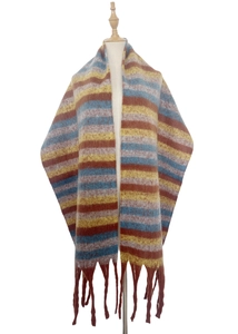 Detail of multi-color striped winter scarf with thick tassels on a display mannequin