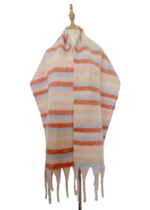Detail of multicolored striped knit scarf with long tassels on a display stand