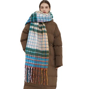 Thick rainbow plaid winter scarf with fringe for women in mohair style knit