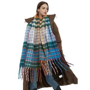 Thick colorful plaid scarf with long tassels and rainbow block pattern for winter