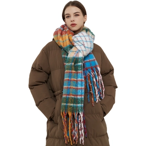 Rainbow plaid winter scarf with thick fringes paired with a brown puffer coat
