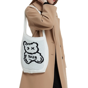 Women's Casual Knitted Tote Bag Cute Cartoon Bear Pattern Shoulder Bag Soft Acrylic Knit Handbag For Daily Travel Shopping
