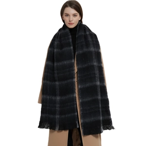 Classic black and grey checkered scarf for women with fringe trim in soft brushed fabric