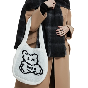 White knit tote bag with black bear pattern for women, stylish autumn shoulder handbag