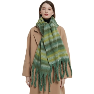 Striped Long Winter Scarf Thick Warm Polyester Brushed Faux Mohair Shawl With Long Tassels Colorful Chic Wrap