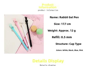 Detail of cute long-eared rabbit cartoon pens in blue pink white and black finishes