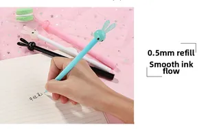 Close-up of cute rabbit-head pens in 0.5mm nib being used for writing on a notebook