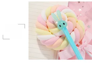Close-up of a blue cartoon rabbit gel pen with 3D bunny ornament on macaron desk decor