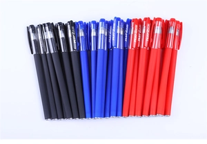 Detailed view of matte black, blue, and red gel pens with transparent cap and clip logos