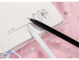 Macro shot of ultra-fine needle tip gel pen on a cute decorative notebook background