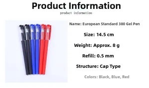 Detailed specifications of the 0.5mm gel pen showing dimensions and three ink colors
