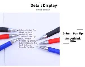 Macro view of 0.5mm gel pen tips showing bullet and needle point variants in black red blue
