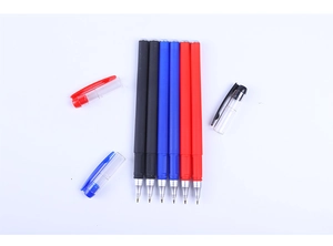 Close-up of matte office gel pens with fine metal tips and transparent caps