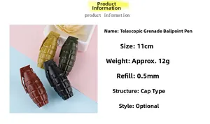 Close-up of retractable grenade shaped ballpoint pen with 11cm size and 0.5mm tip specs