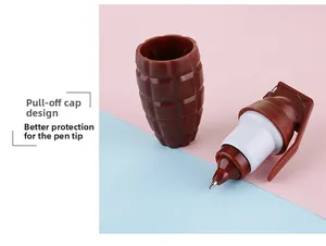 Detail view of the pull-cap design protecting the nib of grenade-shaped ballpoint pen
