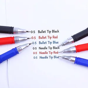 0.5mm matte black gel pens set with needle and bullet tips in black, red, and blue ink