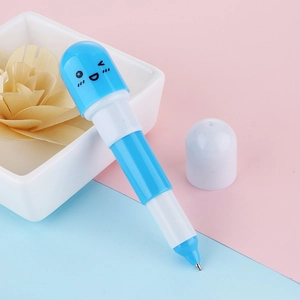 Mini stylo bille en forme de capsule avec emoji mignon et corps télescopique bleu et blanc