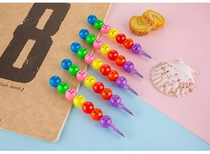 Creative stackable multi-color crayons with cute cartoon faces and protective transparent caps