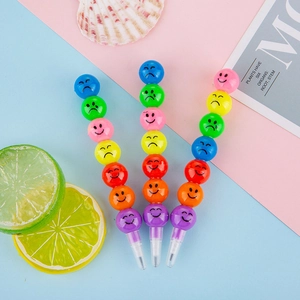 Three colorful smiley face stacking pencils for kids with fun interchangeable segments