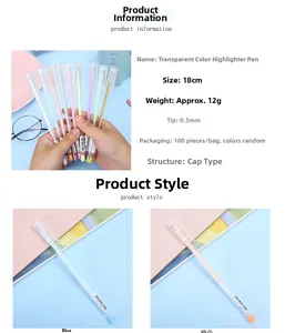 Detailed specs of 0.5mm highlighting gel pen with blue and orange barrel samples