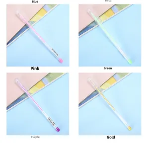 Detail of four colorful metallic pens in pink, green, purple and gold colors