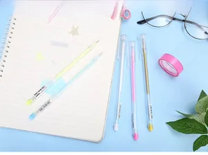 Close-up of 0.5mm colorful gel pens in five vibrant colors for creative art journaling
