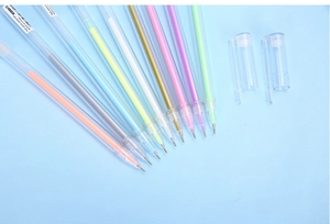 Macro shot of MKL-019 highlight gel pen set in vibrant colors on a blue background