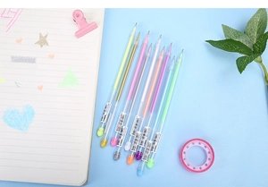 Close-up of a 10-piece high gloss pastel pen set with colorful caps on a blue background
