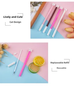 Detail of cute cat-shaped pens showing disassembled parts and refillable structure