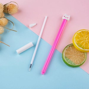 Cute pink cat-themed gel pen with detachable white topper on pastel background