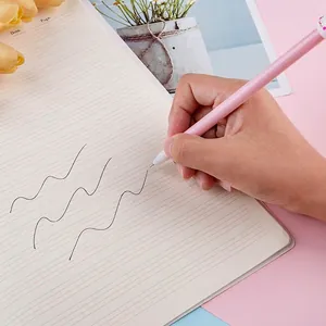 Cute pink cat-themed gel pen writing smooth black ink on a lined notebook page