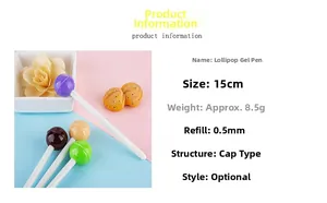 Detailed view of lollipop-shaped pens in assorted colors with product specifications