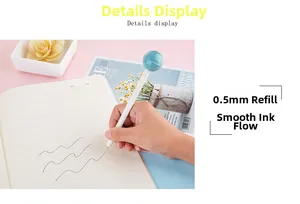 Detail of 0.5mm lollipop gel pen showing smooth ink flow and blue candy-shaped topper