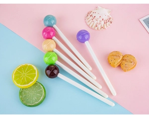 Close-up of six lollipop-shaped gel pens in assorted candy colors with 0.5mm black ink