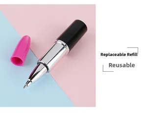 Detail of creative lipstick-shaped pen featuring replaceable refills and reusable design