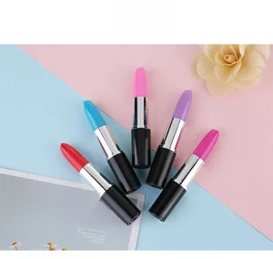 Detailed view of creative lipstick-shaped ballpoint pens in five vibrant colors