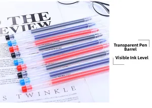 Close-up of transparent gel pens with visible ink level and color-coded caps