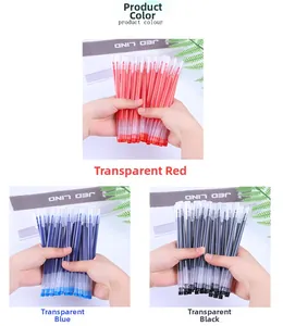 Detailed view of large capacity gel pens in transparent red, blue, and black ink options