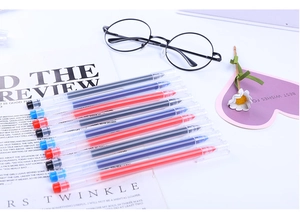 Detailed view of high-capacity gel pen refills in black, blue, and red ink set
