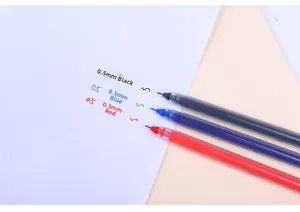 Detailed macro of 0.5mm large capacity liquid ink gel pens in black blue and red