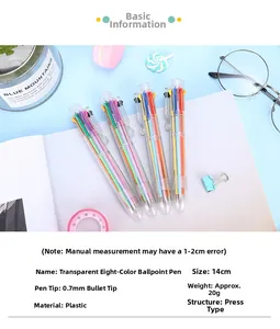 Detail of 0.7mm retractable 8-color ballpoint pen with transparent plastic casing