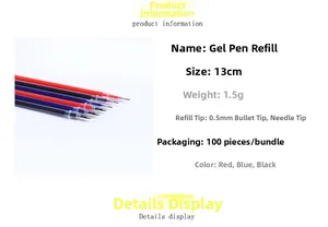 Detail of 0.5mm gel pen refills in red, blue, and black ink with tip specifications