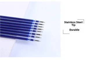Macro shot of 0.5mm blue gel pen refills featuring durable stainless steel tip details